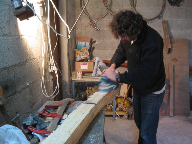 planing the new Flicka bowsprit to rough shape