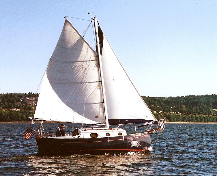 Gaff rigged Aries under sail