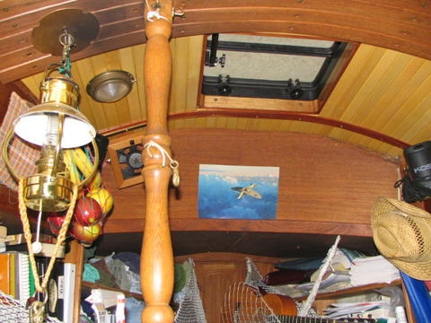 Yellow-ceder ceiling, and teak athwartships.