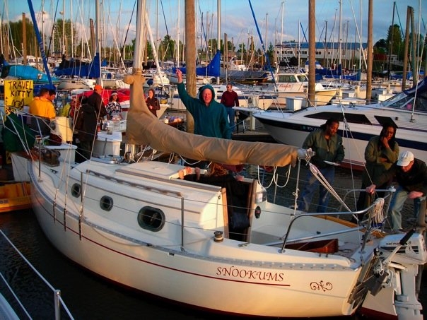 Snookums @ Portland, Oregon   Soon going down the river to cross the Pacific to New Zealand, singlehandedly. Have you noticed the massive windlass?